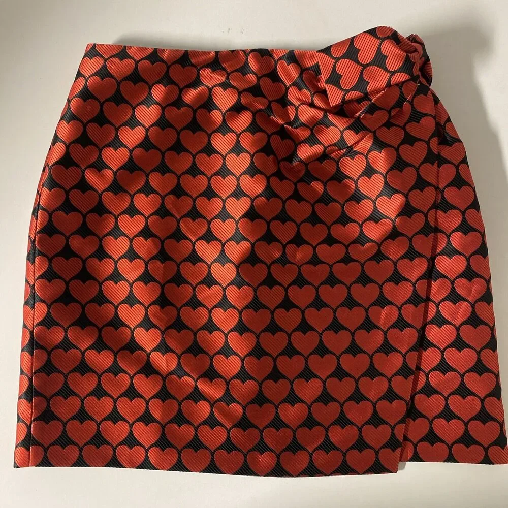 J. Crew Faux Wrap Skirt Jacquard Heart Mini Electric Red Black Bow 0 Lined H2856